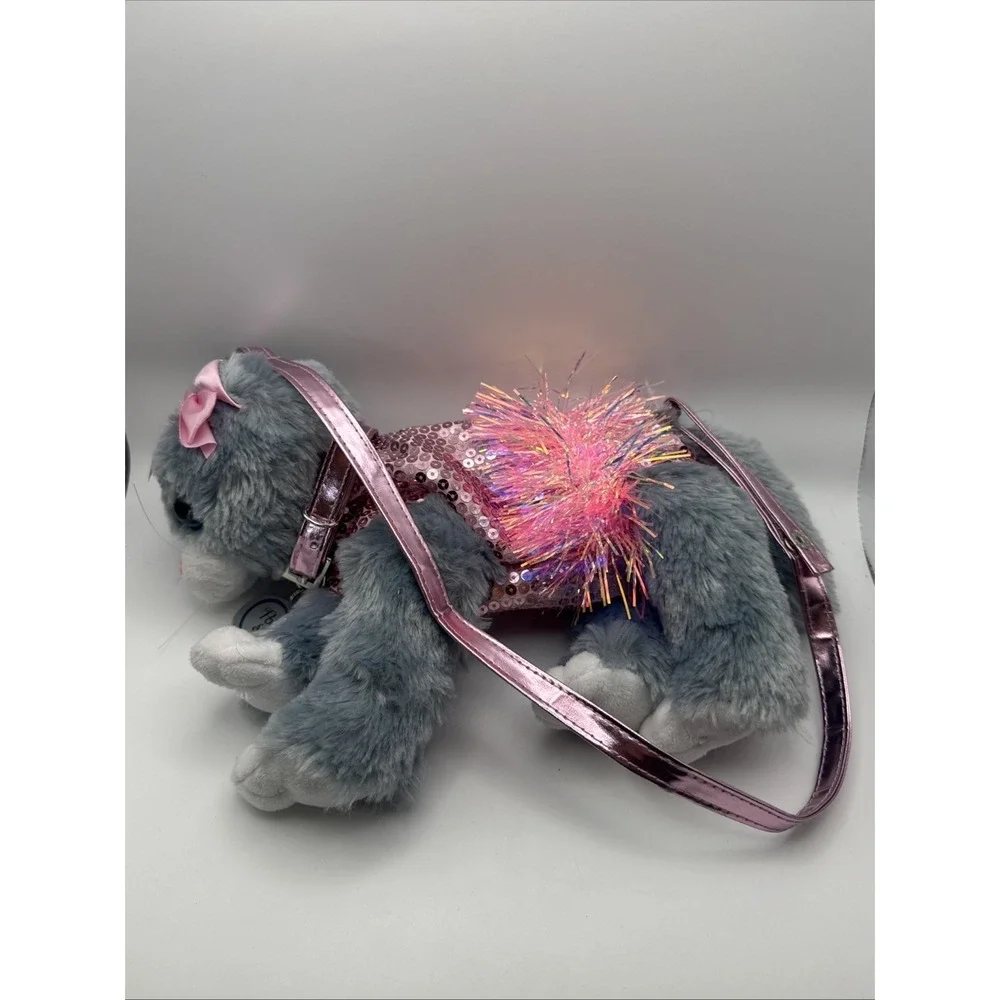 Poochie & Co Gray Plush Kitty Purse w/Strap Pink Sequined TuTu Collar & Tag Zip